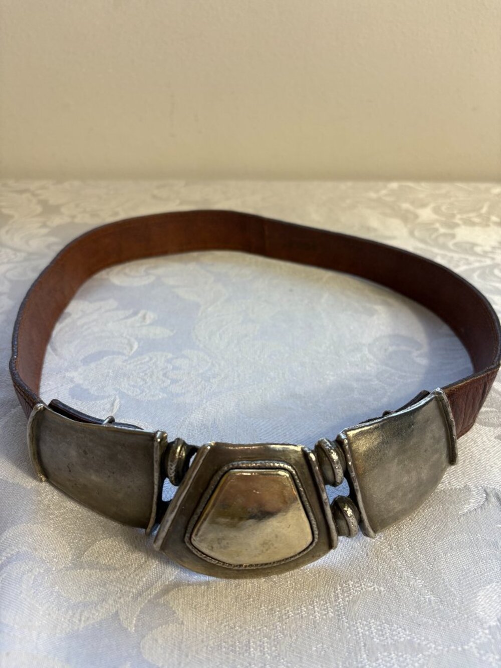 Vintage 1987 The Leather Shop Interlocking Puzzle Buckle Belt Brown Croc 80s 32"